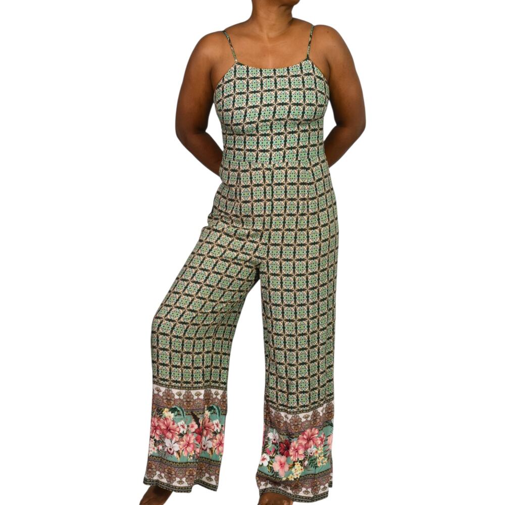 Farm Rio Honolulu Jumpsuit Green Tropical Floral Wide Spaghetti Strap XS Petite